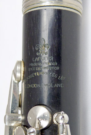 Lafleur (B&H) Eb clarinet - close up of name stamped on body