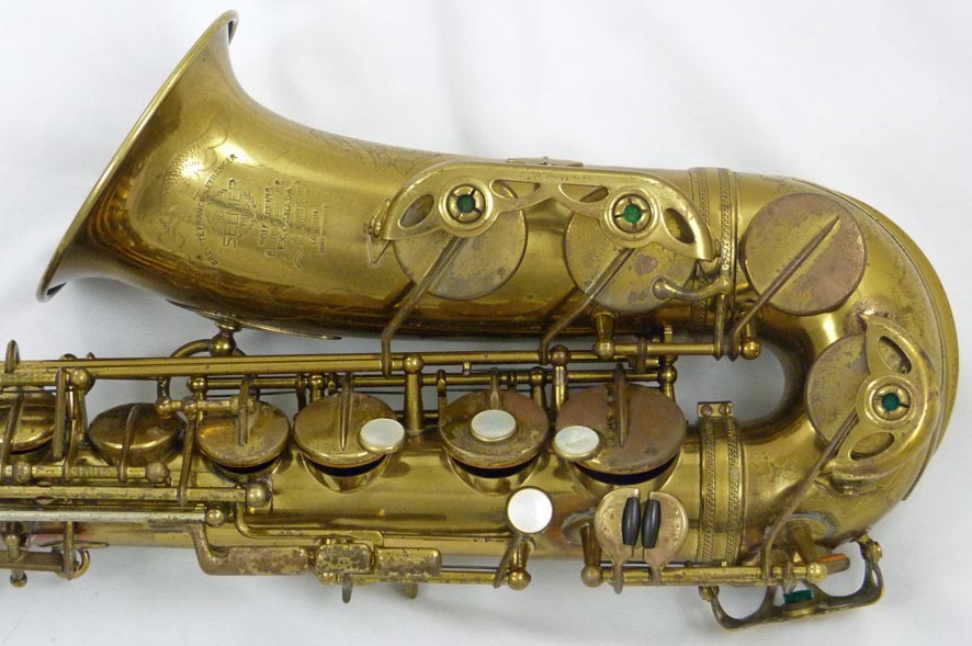 Used Selmer Super Balanced Action (SBA) alto saxophone - close up of lower left side