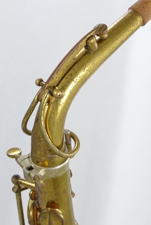 Used Selmer Super Balanced Action (SBA) alto saxophone - close up of neck