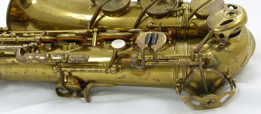 Selmer Super Balanced Action (SBA) alto saxophone - close up of re-soldered posts