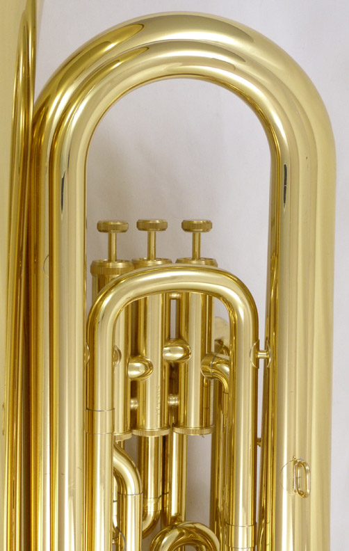 Used Yamaha YBB-105 3/4 tuba- close up of valves